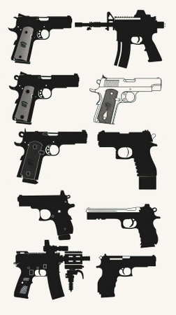 Vector illustration of a set of 9 different types of handgun. Isolated on white backgroundのイラスト素材