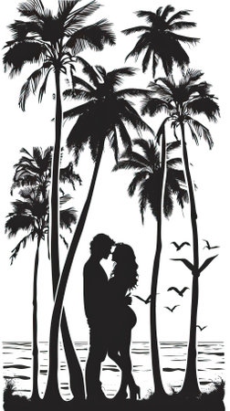 Silhouettes of a loving couple on the beach. Vector illustration.のイラスト素材