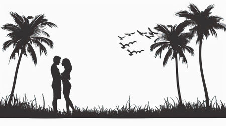 silhouette of a couple kissing on the beach with palm treesのイラスト素材