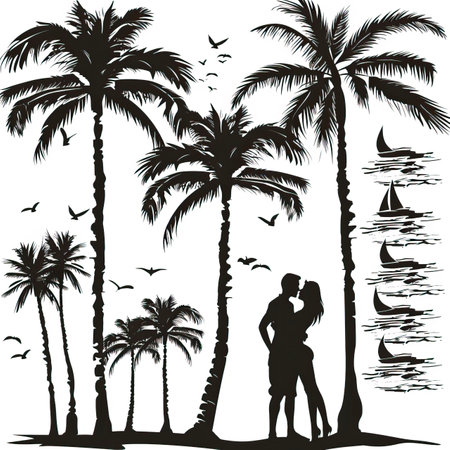 Couple on the beach. Silhouettes. Vector illustration.のイラスト素材