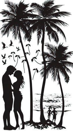 Silhouette of a couple in love on a tropical beach.のイラスト素材