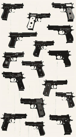 set of 9 9-9 pistol silhouettes on a white backgroundのイラスト素材