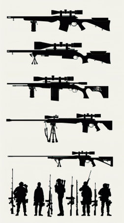 Collection of silhouettes of assault rifles on a white background. Vector illustration.のイラスト素材
