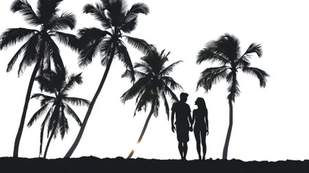 Silhouette of a couple on the beach with palm trees.のイラスト素材