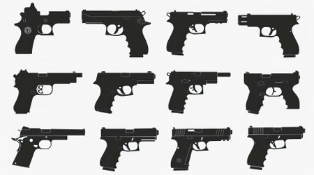 Set of 9 9mm handgun icons. Isolated on white background.のイラスト素材