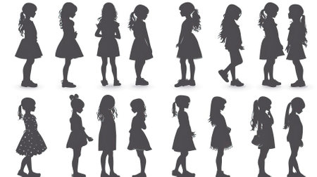 Silhouettes of girls in different poses on a white background.のイラスト素材