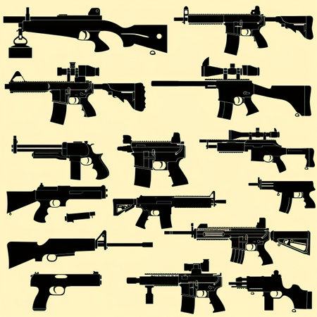 set of silhouettes of different types of assault rifles on a yellow backgroundのイラスト素材