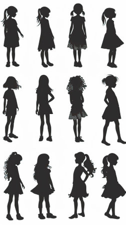 Silhouettes of girls in different poses on a white background.のイラスト素材