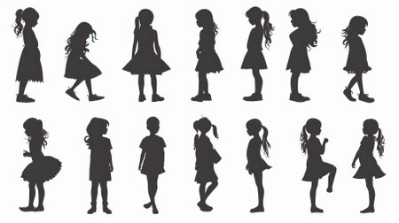 silhouettes of girls in different poses on a white background.のイラスト素材
