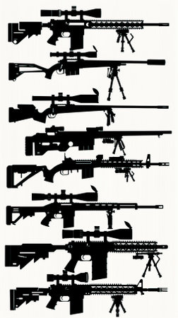 Set of 9 different types of assault rifles isolated on a white backgroundのイラスト素材