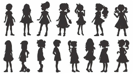 set of silhouettes of girls in different poses on a white backgroundのイラスト素材
