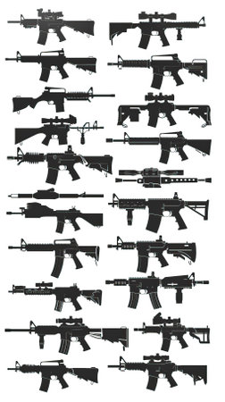 Set of assault rifles silhouettes isolated on white background. Vector illustration.のイラスト素材