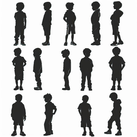 set of silhouettes of children in different poses on a white backgroundのイラスト素材