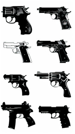 Set of 9 gun silhouettes in black and white, vector illustrationのイラスト素材