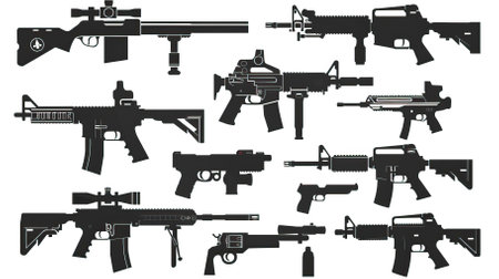 Vector illustration of a set of different types of assault rifles and gunsのイラスト素材