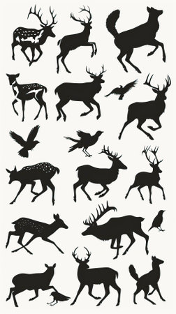 Deer silhouettes set. Vector illustration. Black and white.のイラスト素材