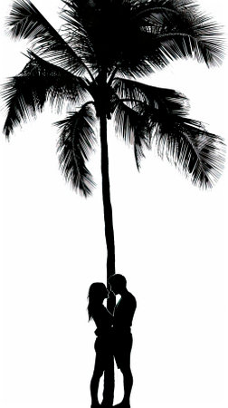 silhouette of a young couple on a background of palm treesのイラスト素材