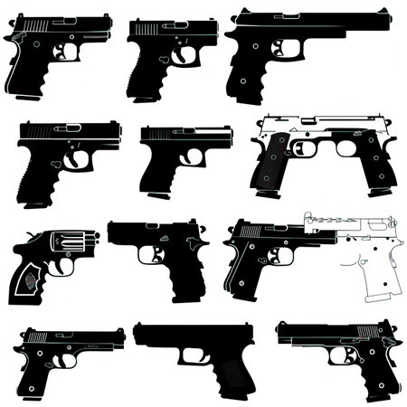 Set of 9 different gun silhouettes isolated on a white background.のイラスト素材