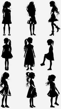 illustration of silhouettes of little girls on a white background.のイラスト素材