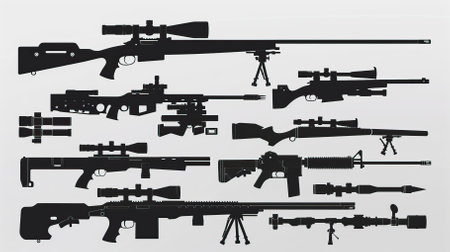 Vector illustration of a set of various types of assault rifles and gunsのイラスト素材