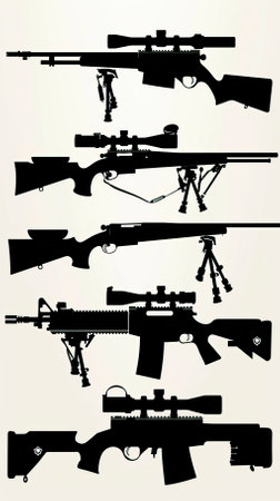 Vector illustration of a set of different types of assault rifles on a light backgroundのイラスト素材