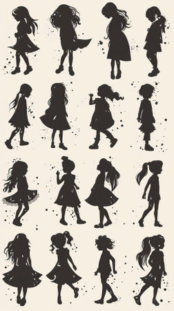 Silhouettes of girls in different poses and attitudes. Vector illustration.のイラスト素材