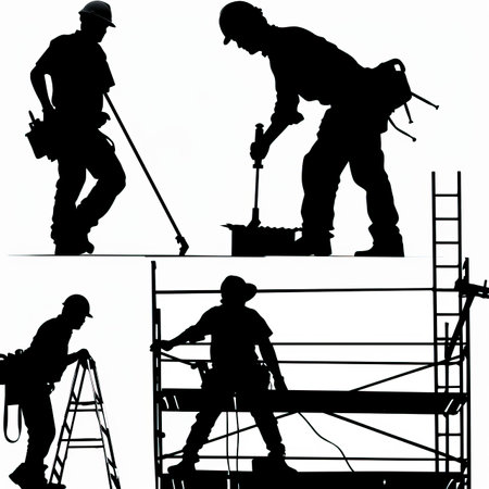 Silhouettes of workers on a construction site. Vector illustration.のイラスト素材