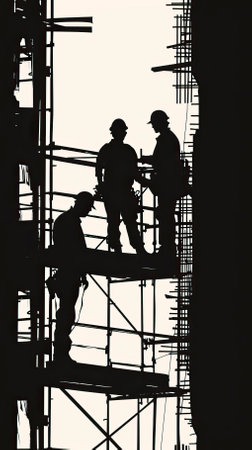 Silhouette of construction workers on scaffolding at construction site.のイラスト素材