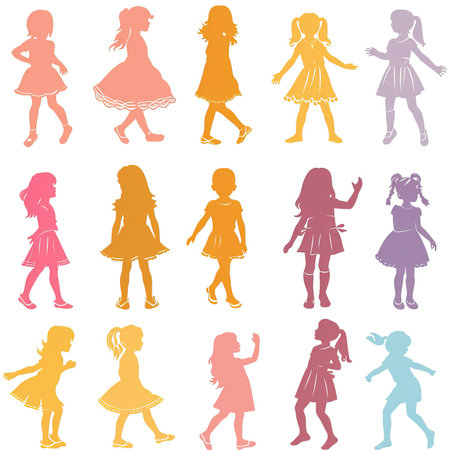 Collection of silhouettes of little girls on a white background. Vector illustrationのイラスト素材