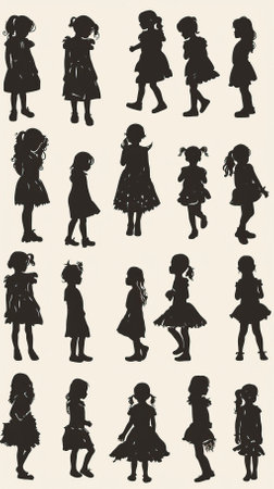 Silhouettes of girls in different poses and clothes. Vector illustration.のイラスト素材