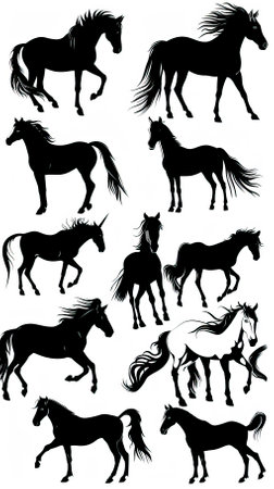 Horses silhouettes. Vector illustration. Black and white colors.のイラスト素材