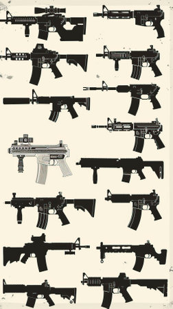Vector illustration of a set of different types of assault rifles and gunsのイラスト素材