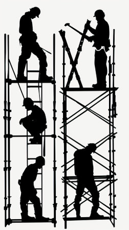 Silhouettes of construction workers on scaffolding. Vector illustration.のイラスト素材