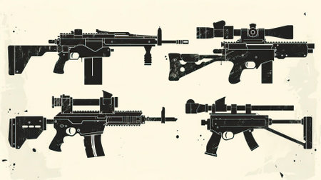 Vector illustration of a set of different types of assault rifles. Retro styleのイラスト素材