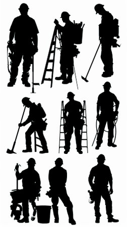 Silhouettes of construction workers on a white background. Vector illustration.のイラスト素材