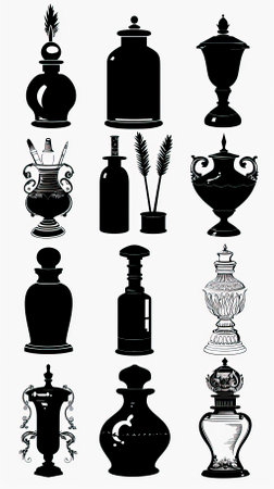 Collection of black and white vases and bottles silhouettes. Vector illustration.のイラスト素材