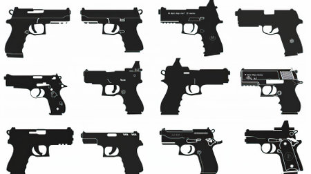 Set of 9 pistol silhouettes on white background. Vector illustration.のイラスト素材