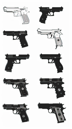 set of 9 different types of handgun isolated on white background, vector illustrationのイラスト素材