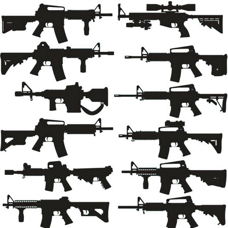 set of silhouettes of different types of weapons on a white backgroundのイラスト素材