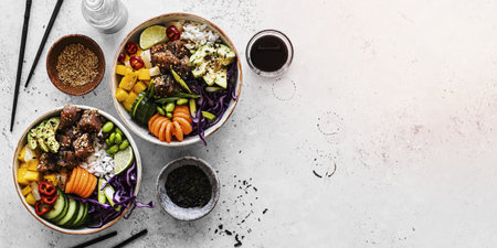 Hawaiian tuna poke bowl flat lay