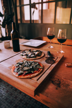 pizza and red wineの写真素材