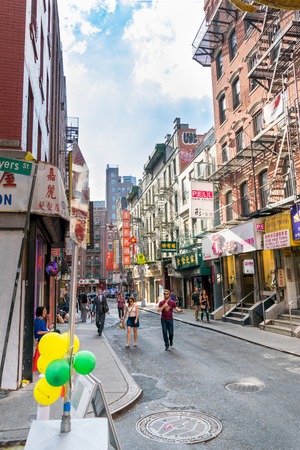 Urban scene in New York Citys Chinatown area, Manhattan, NYC, wide angleのeditorial素材