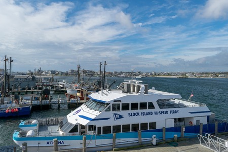 Block Island High Speed Ferry docked on the mainland side, Point Judith, Rhodes Islandのeditorial素材