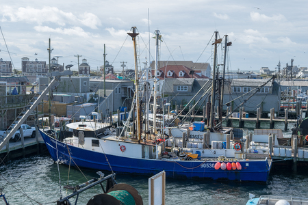 Close-up of a blue fishing boat docked at the wharf, Point Judith, Rhodes Islandのeditorial素材