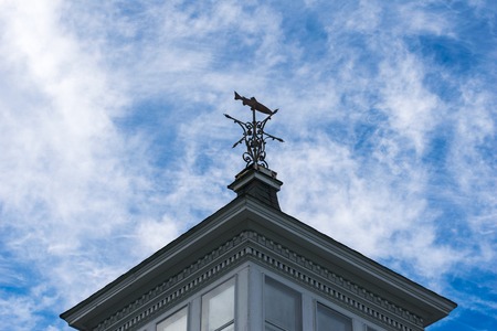 Fish shaped weather vane against the blue sky, at an upward angleの写真素材