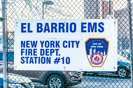 Close-up of the El Barrio EMS, Fire Department Station No. 10 in Upper Manhattanのeditorial素材
