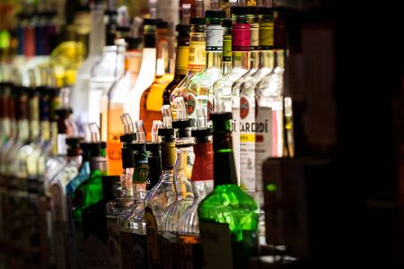 Rich assortment of alcoholic beverages, in a New York City barのeditorial素材