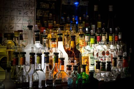 Rich assortment of alcoholic beverages, in a New York City barのeditorial素材