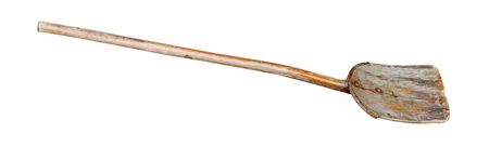 Old well-used wooden shovel, isolated on a white background