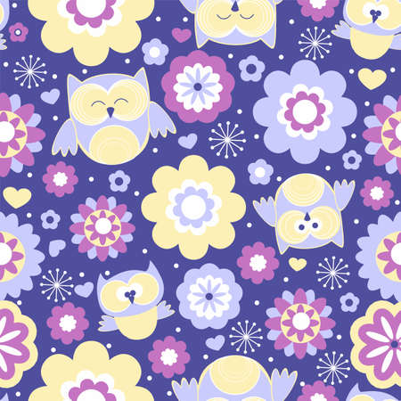 Owls and flowers vector illustration.のイラスト素材